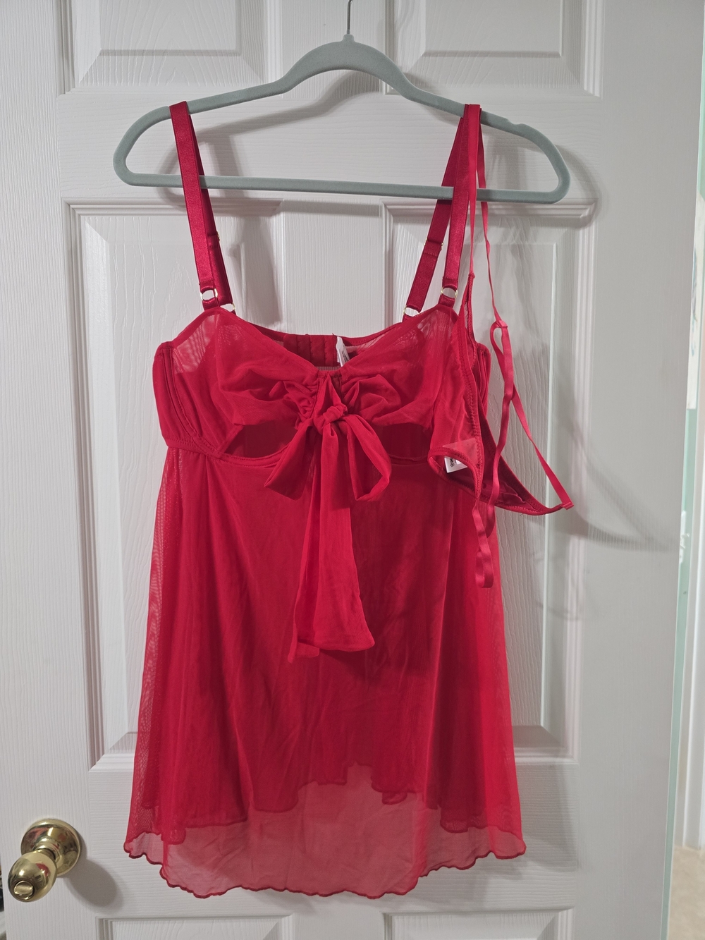 Like New Venus Red Sheer Babydoll Chemise with Bow Detail, matching Panty